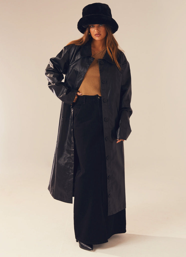 Power Mood PU Trench Coat - Black