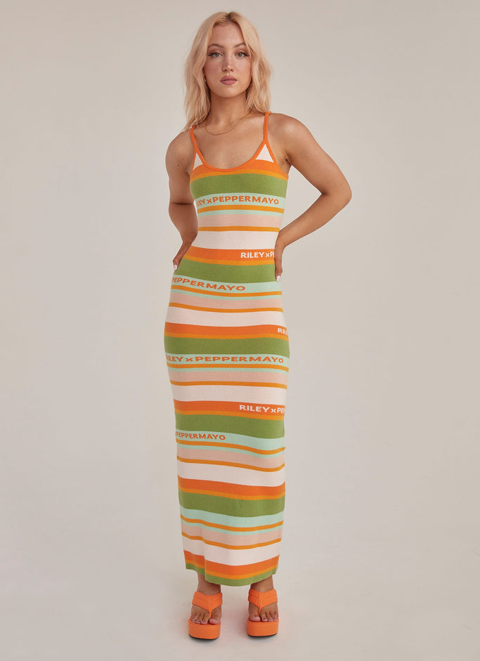 Sunset Drives Knit Maxi Dress - Melon Stripe