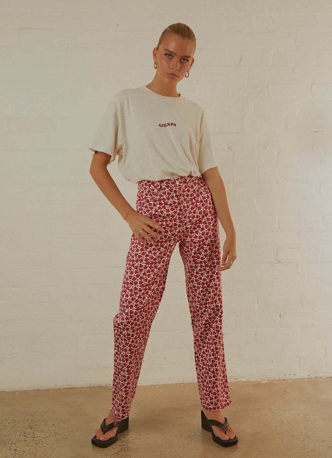Shelby Hemp Print Wide Leg Pant - Red