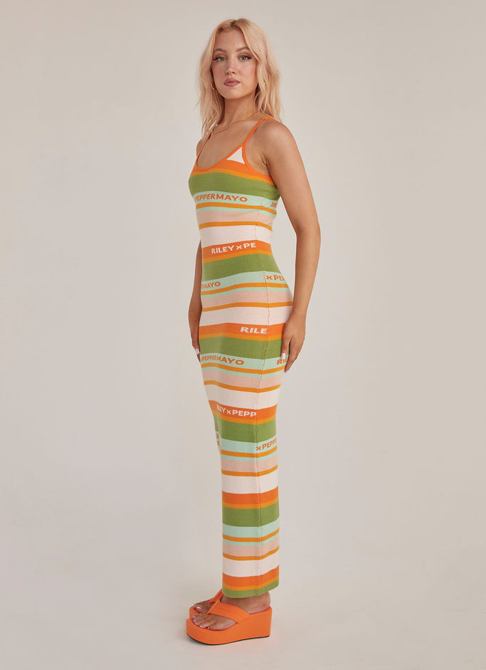 Sunset Drives Knit Maxi Dress - Melon Stripe