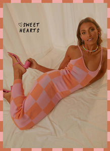 Cali Sweetheart Knit Maxi Dress - Pink and Orange Checkers