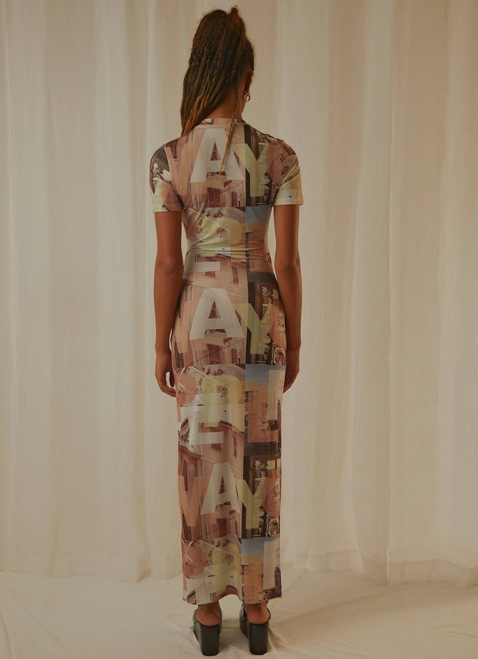 Into the City Mesh Maxi Dress - Neutral Film Graphic