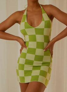 The Groove Knit Halter Dress - Lime Checkers