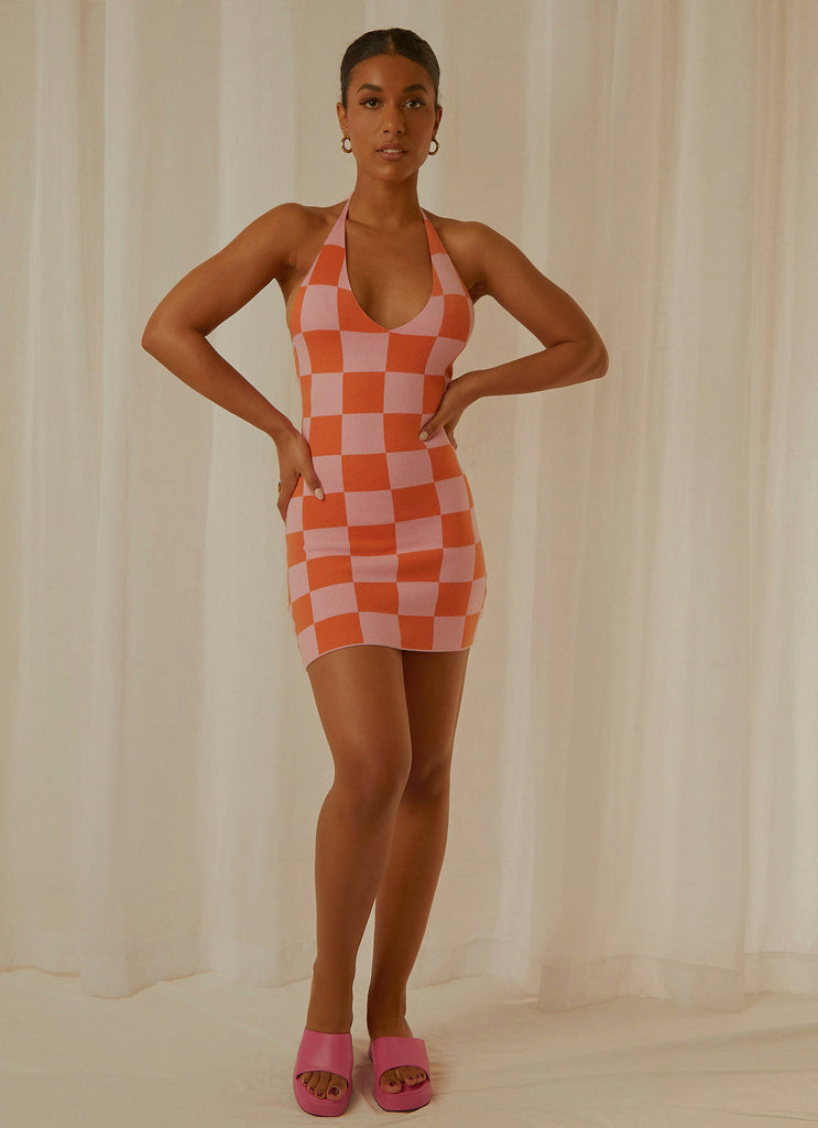 The Groove Knit Halter Dress - Pink and Orange Checkers