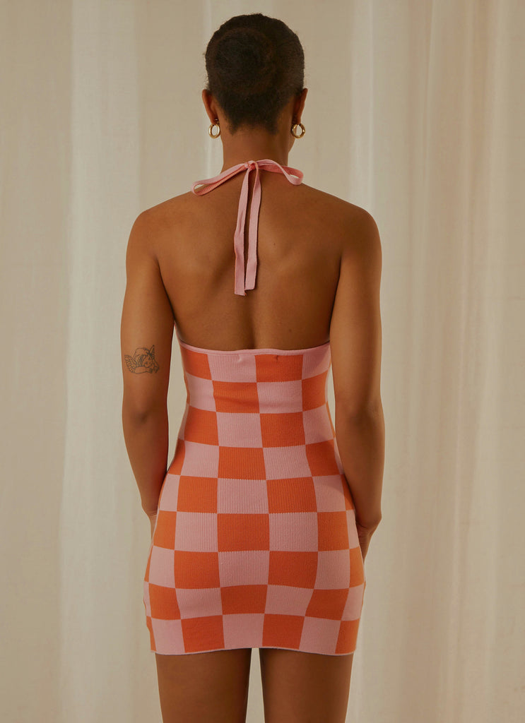 The Groove Knit Halter Dress - Pink and Orange Checkers