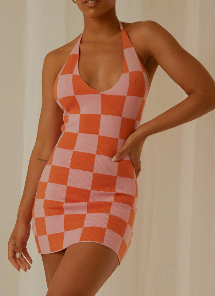 The Groove Knit Halter Dress - Pink and Orange Checkers