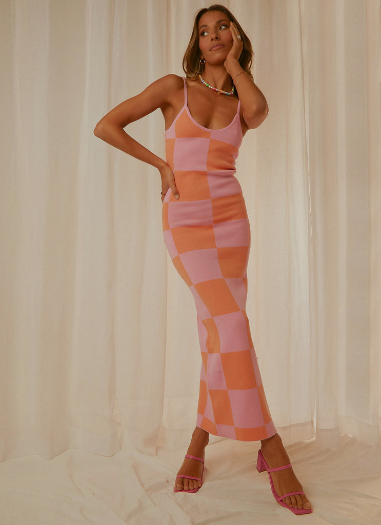 Cali Sweetheart Knit Maxi Dress - Pink and Orange Checkers