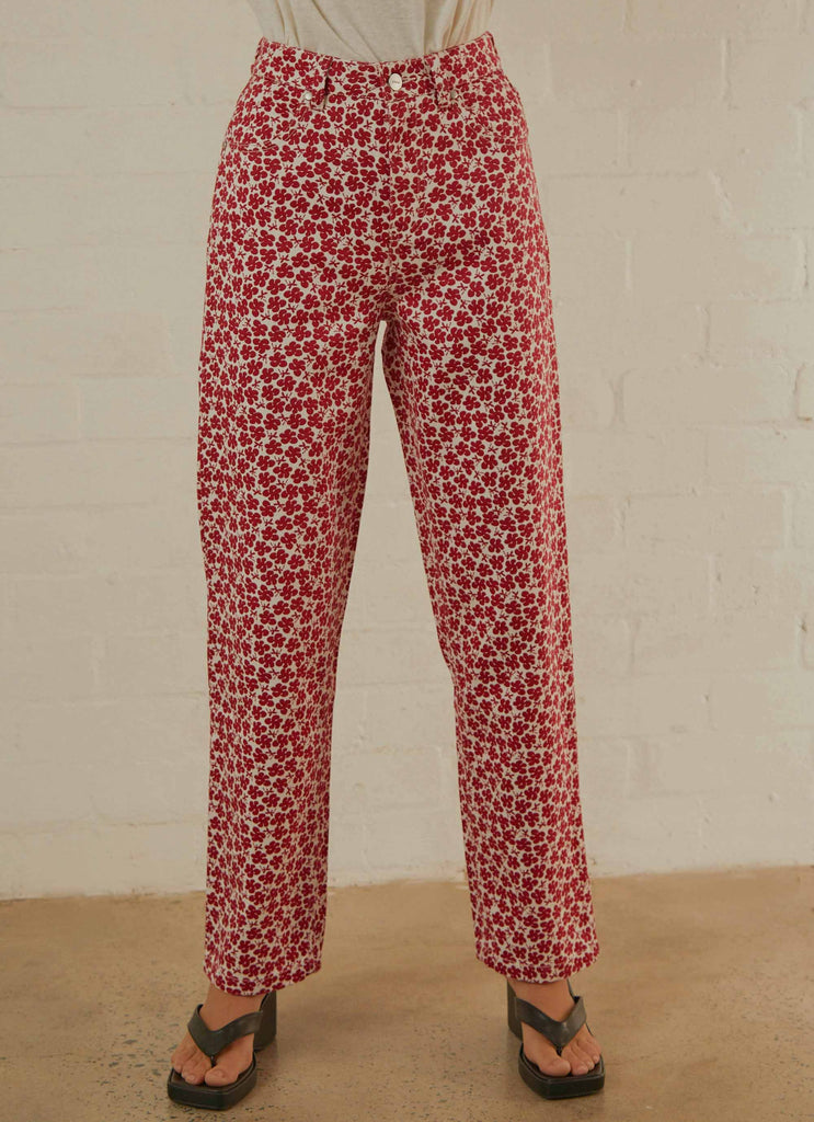 Shelby Hemp Print Wide Leg Pant - Red
